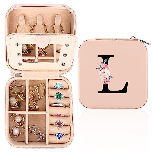 WALLFID Travel Jewellery Box,Alphabet Jewellery Organiser,Portable Jewellery Box,Small Travel Jewellery Storage Case with Mirror,Birthday Gift for Women,Mothers Birthday Valentines Day Gift Ideal(L)
