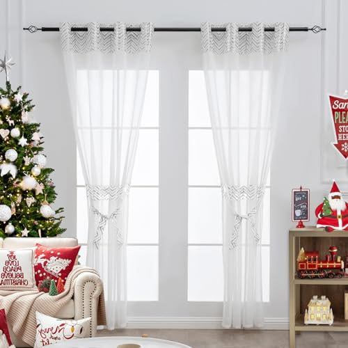 L.Z.E Christmas Silver and White Sheer Curtains for Living Room 57-58 Inch Drop with Eyelet Silver Curtains & Drapes for Bedroom Kitchen Bay Windows 145 cm Long Transparent Window Sheers with Tiebacks