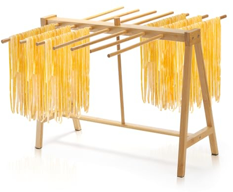 Pumtus Nudeltrockner aus Bambus, Nudeltrockner Ständer mit Transferstab und 14 Stangen, stabiler Haushalts-Spaghettiaufhänger, hausgemachte Lasagne-Nudel-Trockenständer für Küche und Kochen