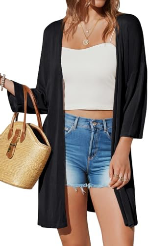 Arach&Cloz Damen 2025 Strickjacke Lang Leicht Casual 3/4 Ärmel Open Front Cardigan Sommer Kleid Strand Cover Up (Schwarz,L)