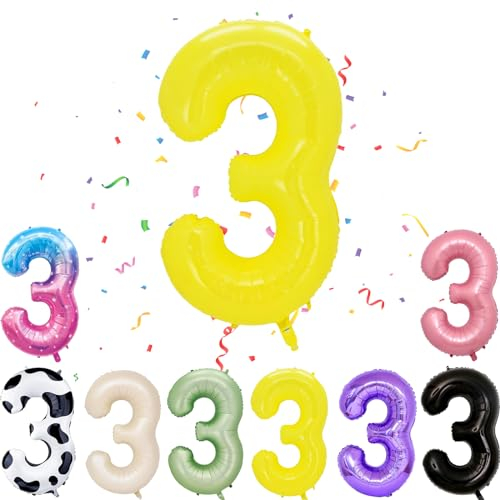 Geburtstag Folienballon Zahl 3, 101 cm Gelb Luftballons Helium Ballon Mädchen Geburtstag Luftballon Deko Hochzeit Jubiläum Fest Party Dekoration - Fliegt mit Helium