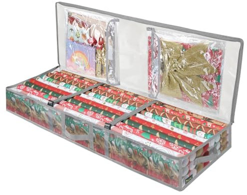 jyibinee Boîte de rangement pour papier cadeau, sac de rangement pour papier cadeau de Noël avec poches de séparation flexibles, grande capacité, organiseur d'emballage cadeau pour la maison,
