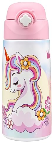 Kiocko Gourde Isotherme Pour Enfant Avec Paille,Acier Inoxydable - 500 Ml - Certifié TüV - Sans Bpa - Anti-Fuite - Bouteille D'Eau Isotherme Pour L'éCole, La Maternelle (Licorne)