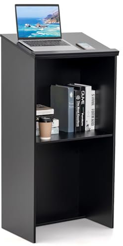 COSTWAY Floor Lectern Podium, Wooden Standing Desk Host Stage with Storage Shelf & Cable Holes, Speaking Reading Table for Classroom, Conference and Auditorium (Black)