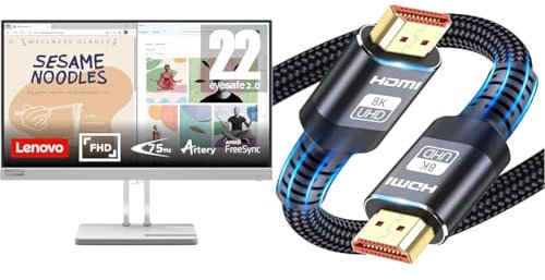 Lenovo L22e-40 22 inch PC Monitor | FHD, 1080p, 75Hz, IPS, 4ms, HDMI and VGA & 8K HDMI Cable 2.1, Available in HDMI Cables 0.5M/1M/2M/3M/5M Lengths for Selection