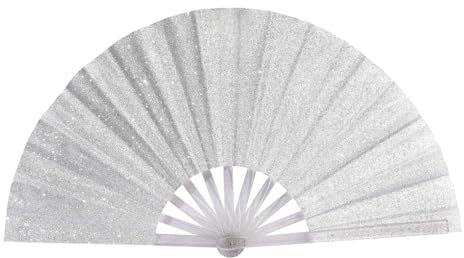 HeyToo 13inch Glitter Women Handheld Fan With Shining Transparent Fan Rib for Wedding,Church,Festival,Dance,Party Prom,Club,EDM Accessory Shining Silver