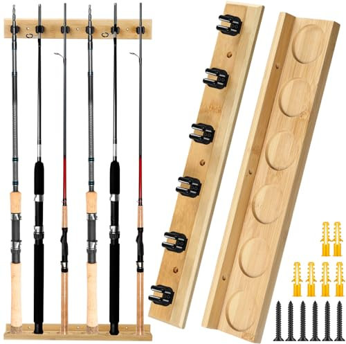 Arrowbash Wandmontierter Angelrutenhalter, Holz, vertikal, Angelrutenhalter für Garage, hält bis zu 6 Ruten, Angelausrüstung, Organizer, Geschenke für Vater, Opa, Bambusholzfarbe