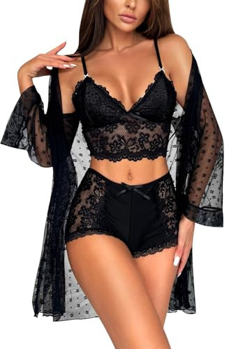 RSLOVE Ensemble de Lingerie Féminine Sexy - sous-vêtements en Dentelle Nuisette Femme Nuit 3 pièces avec Robe Noir S