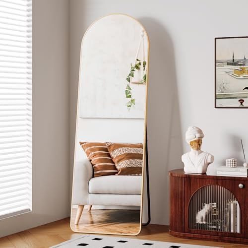 Clevich Premium Gewölbter Standspiegel 162x53 cm, Groß Wandspiegel Ganzkörperspiegel mit 1.6 cm Dicker Rahmen aus Aluminium und Feste Rückwand, Deko Spiegel für Wohn Schlaf Ankleidezimmer Bad, Gold