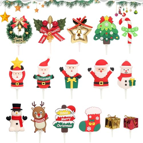 16 Stück Weihnachten Cake Toppers Cupcake Toppers, Weihnachten Tortendeko Weihnachtskranz Santa Claus Schneemann Rentier Weihnachtsbaum Kuchendekoration für Weihnachtsfeier Deko