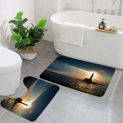 EYLOZS Badezimmerteppich Set 2 Teilig Waschbar rutschfeste Badematte Toilettenmatte Weich Saugfähige Badteppiche,Leuchtturm bei Sonnenuntergang.
