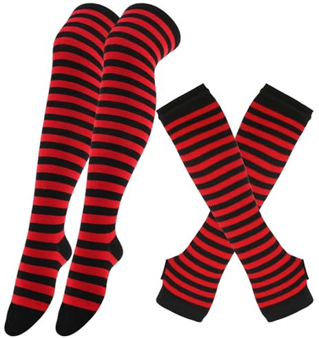 Whakano Long Knee Socks, Arm Warmer Set for Women, Fingerless Gloves, Long Stockings, Autumn Winter, Arm Warmers, Leg Warmers, Thigh High Socks, for Yoga, Running, Party, Festival, Stripes Black Red
