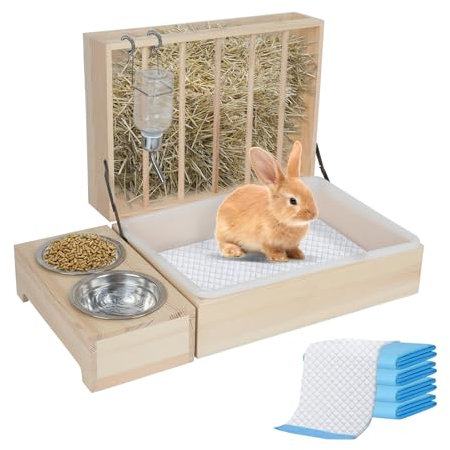 Multifunktionale große Heuraufe mit Toilette, Heuraufe Kaninchen Holz, Heuraufe, komplett mit Tränke und Futternapf, Geeignet für Kaninchen, Meerschweinchen, Hamster, Kleintiere (4 in 1)