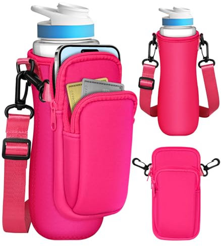 Toykee Water Bottle Sleeve with Pouch for Cirkul 22 oz - Hot Pink Crossbody Shoulder Strap Detachable Phone Purse with Bottles Cover Holder Carrier Bag