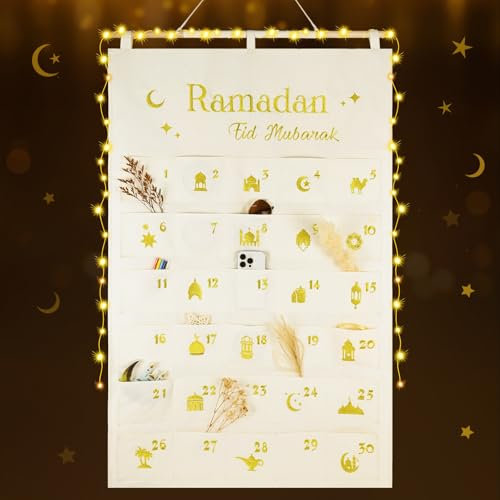 Ulikey Ramadankalender zum Befüllen, 30 Adventskalender zum Befüllen aus Stoff, Ramadan Wandkalender mit LED-Lichterkette, Eid Mubarak Adventskalender Countdown Kalender für Ramadan Dekorationen