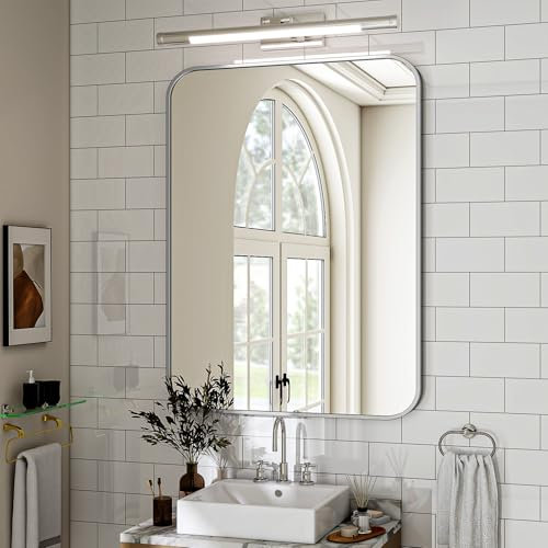 Koonmi Wandspiegel Silber 75x100 cm Badezimmerspiegel mit runder Ecke, Morden Spiegel Wand mit Rahmen aus Aluminiumlegierung für Wand montiert horizontal oder vertikal, Silber