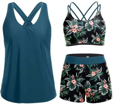 Green Flower 3 Piece Tankini Swimsuit Tummy Control with Boy Shorts XXL
