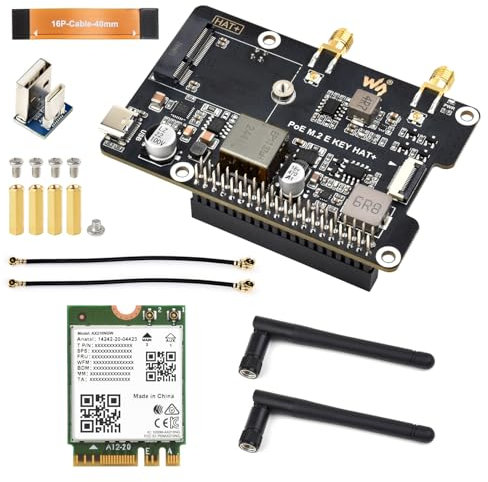 Waveshare PCIe to M.2 E Key Adapter with PoE Function, Compatible with Raspberry Pi 5, Support NGFF (M.2 E Key) Wireless NIC, Raspberry Pi 5 PCIe HAT, Includes Wireless-AX210 Module