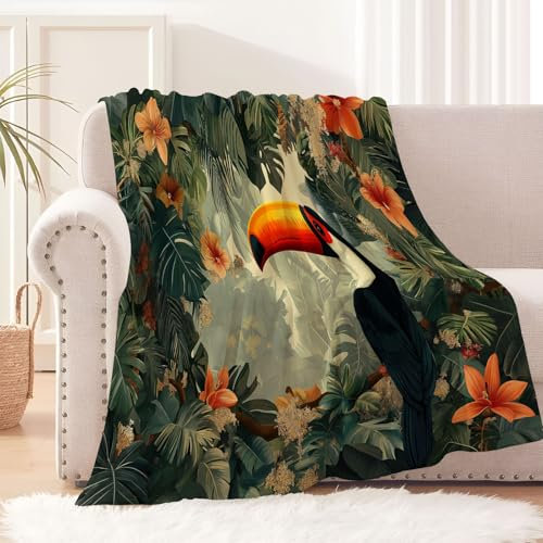 Kuscheldecke Flanell Fleecedecke Tropische Pflanzen Wohndecke Sofadecke, Tukan Blätter Couchdecke, 130×150 cm Bettüberwurf Flauschige Weiche Warme Sofaüberwurf Decke