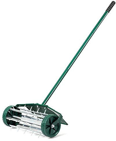 SOARS Rouleau Aérateur Gazon, Rouleau φ 15 CM, Scarificateur Manuel en Métal avec Clous de 3 CM, Protection Anti-Éclaboussures, Manche, pour l'Entretien de la Pelouse (46 X 23 X 127 CM)