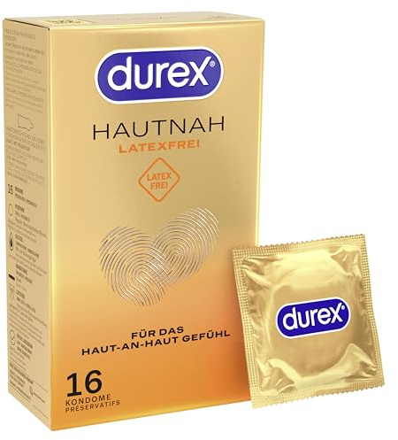 Durex Hautnah Latexfrei Kondome - Latexfreie Kondome aus Real-Feel-Material & mit anatomischer Easy-On-Form - Ohne Latex - 16er Pack (1 x 16 Stück)