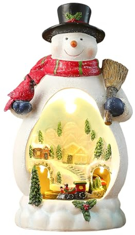 Weihnachtsdorf, Weihnachtsdeko mit LED Farblichter Rotierende Zug-Design und Ansprechende Musik Weihnachtshaus Spieluhr aus Harz Kleine Weihnachtsstadtdekoration mit Beleuchtung (1, Schneemann)