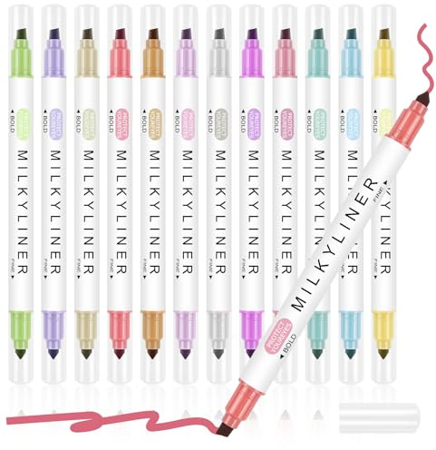 APXEL Textmarker, 12 Farben Pastell Textmarker, Breite und Feine Spitzen Dick und Dünn Erwachsene und Kinder Studenten, Schulbedarf Marker Stifte für Notizen Hervorheben