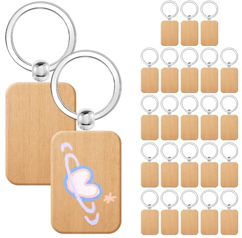 25 Stück Holz Schlüsselanhänger Rohlinge in Rechteck, 4.5x3,3cm Personalisierte Schlüsselanhänger Holz, Beschriftbar Schlüsselanhänger Rohlinge für DIY-Projekte, Geschenke, Personalisierte Deko