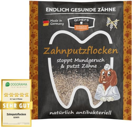 QCHEFS Zahnputzflocken Zahnreinigung Hund Mundgeruch Zahnsteinentferner | Antibakterielle Peptide aus Hüttenkäse, plastikfreie Papiertüte, getreidefrei, alle Rassengrößen, 2x täglich