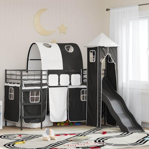 Owoxanthellate Hochbett mit Rutsche Turm Schwarz 194x95x116 cm Metallbett Einzelbett Modernes Spieldesign für Kinderzimmer Abenteuer