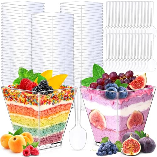 KDISHKRA Lot de 60 Tasses à Dessert avec CuillèRes, 122ml Mini Gobelets Verrines à Dessert Réutilisables, Coupes à Dessert Carrée Transparent pour Mousse, Pudding, Tiramisu, Anniversaire, Party