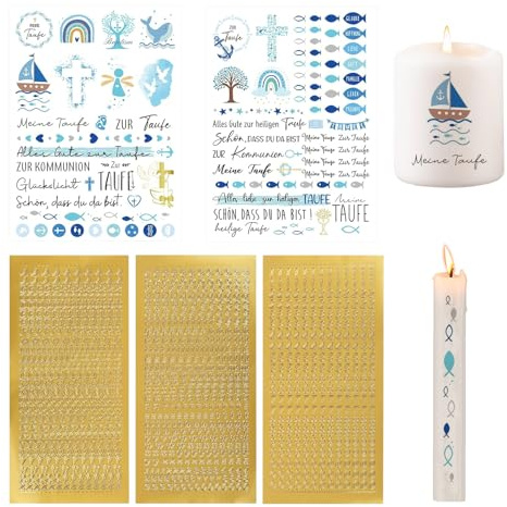 2 Stück Kerzentattoos Kommunion Taufe Kerzen Tattoofolie, Kommunionkerze Bastelset mit 3 PCS Groß- und Kleinbuchstaben Kerzen Sticker Gold Zahlen Aufkleber, Geeignet für Taufe, Kommunion, Konfirmation