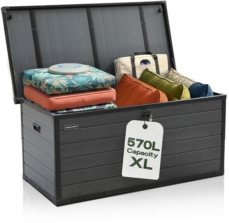 Olsen & Smith 570L Large Garden Storage Box - Weather Resistant Heavy Duty Garden Box with Padlock & Wood Effect - Huge Capacity Outdoor Storage Chest for Tools, Cushions, Toys & More (GREY)