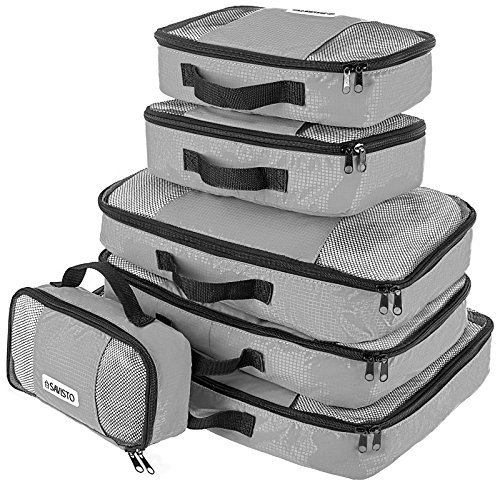 Savisto Packing Cubes 6 Piece Set, Durable & Lightweight Travel Essentials for Suitcases - Includes 1 XL, 2 L, 2 M, 1 S - Available in 8 Stylish Colours - Grey