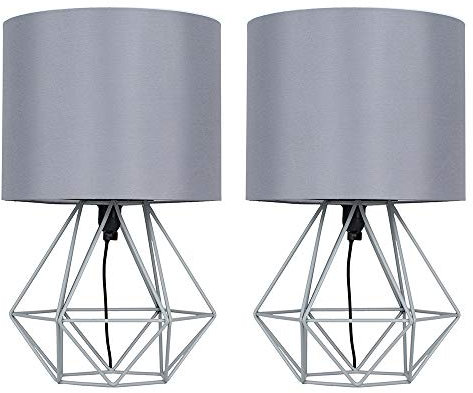 MiniSun | Modern Grey Metal Basket Table Lamps with Grey Fabric Shades | Table Lamps, Home Décor & Improvement Essential | Set of 2 | Includes 4W Bulb [3000K Warm White]