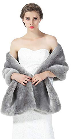 BEAUTELICATE Pelzimitat Schal Stola Bolero Damen Für Hochzeit Braut Brautjungfer Abendkleid Weihnachten Halloween Winter, Grau, Einheitsgröße