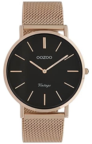 Oozoo Vintage Damenuhr mit massivem grobmaschigem Edelstahl Milanaise Metallband 40 MM Rosefarben/Schwarz C9925