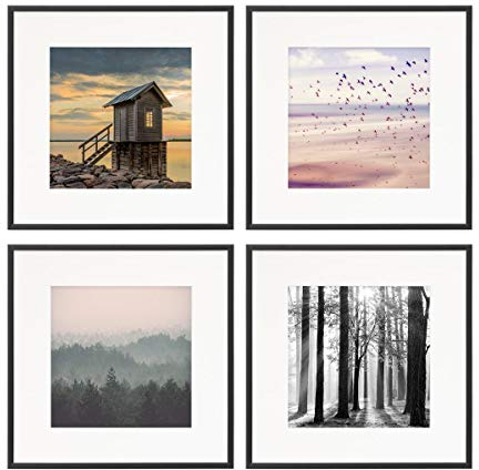 PHOTOLINI Alu-Bilderrahmen 30x30 cm Schwarz schmal, 4er Set Metall-Rahmen aus Aluminium, bruchsicheres Acrylglas, mit Passepartout für Fotos 20x20 cm, Zubehör, modernes Design für Poster & Fotos