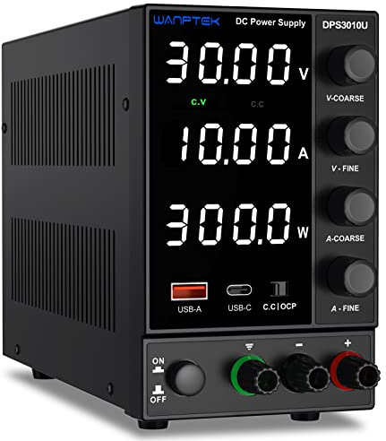Fuente de alimentación CC Variable, Fuente de alimentación regulada por conmutación Ajustable (0-30 V 0-10 A) con Pantalla LED de 4 dígitos, Interfaz USB de Carga rápida de 5 V/3,6 A, Alarma de