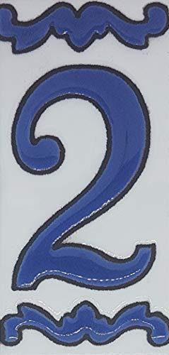 Hausnummern, Keramikfliesen, Buchstaben und Rahmen, spanisches blaues Design, Fliesengröße: 10 cm H x 5 cm B, Zahlenrahmengröße: 2 bis 13 Fliesen (Nummer 2)