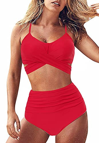 JFAN Costumi da Bagno Donna A Vita Alta Multicolori Due Pezzi Push Up Sexy Imbottito Reggiseno Bikini Cross Sportivo Classico Swimsuit Rosso,S