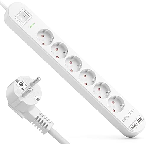 deleyCON 3,0m 6 Fach Steckdosenleiste mit USB Stromleiste 6X Schutzkontaktbuchsen 2X USB-A Ladebuchse für z.B. Handy & Tablet Überspannungsschutz EIN/AUS Schalter Weiß