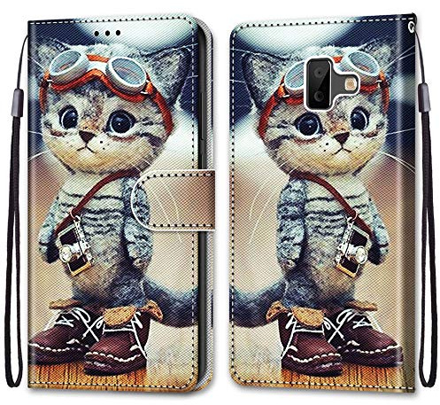Mo-Somnus Cover per Samsung Galaxy J6 Plus 2018/ J6 Prime, Custodia in PU Pelle Magnetica Libro Flip Caso Portafoglio [Supporto Stand] con Porta Carte e Cinturino da Polso Wallet Case (Gatto 1)
