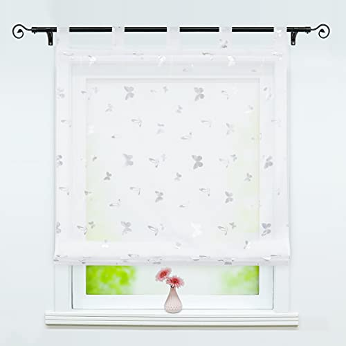 Delien Raffrollo mit Schlaufen Transparente Raffgardine Kurz Vorhang Schlaufenrollo Modern Schals »Schmetterling« Küche Store Fenster Wohnzimmer Gardine 1 St. BxH 80x150cm,Silber