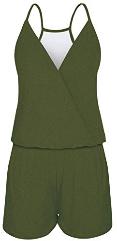 Loveternal Jumpsuit Damen Overall Frauen Sommer Kurz Romper Grün Einteiler Playsuit Ärmellos Elegant Sexy Träger Rückenfrei Taschen V Ausschnitt Strand, M