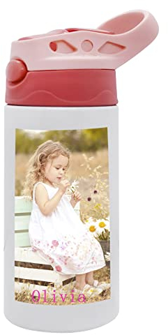 Borraccia personalizzata per bambini con foto/testo, in acciaio inox, con cannuccia isolata sottovuoto, 350 ml, per scuola, picnic, viaggi, sport, regalo per compleanno e Natale