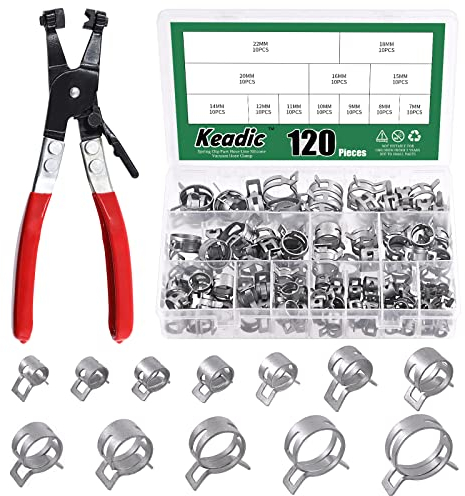 Keadic Lot de 121 colliers de serrage à ressort 12 tailles [7-22 mm] avec pince pivotante à bande plate en silicone pour tuyau d'aspiration basse pression