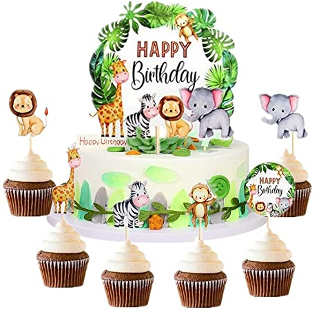 i-QiQi Jungle Animal Birthday Cake Toppers Decorations, Zoo Animal Cupcake Toppers for Safari Jungle Theme Birthday Decorations, Happy Birthday Cake Toppers for Kids Boy Girl 1st 2nd 3rd 4th