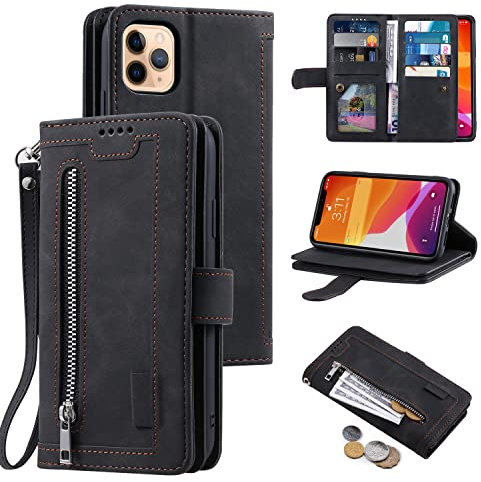 EYZUTAK Wallet Phone Case for iPhone 14 Pro, Retro Matte 9 Card Holder Slots Zipper Pocket Case PU Leather Magnetic Closure Kickstand with Wrist Strap Folio Flip Case - Black