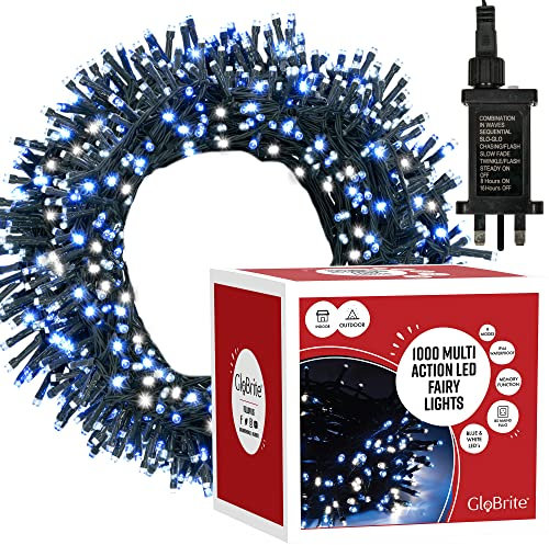GloBrite Fairy Lights 1000 LED - Christmas Lights with 8 Modes Function for Christmas Tree Outdoor Lights Christmas Lights Garden Lights Christmas Tree Decorations - Blue/White